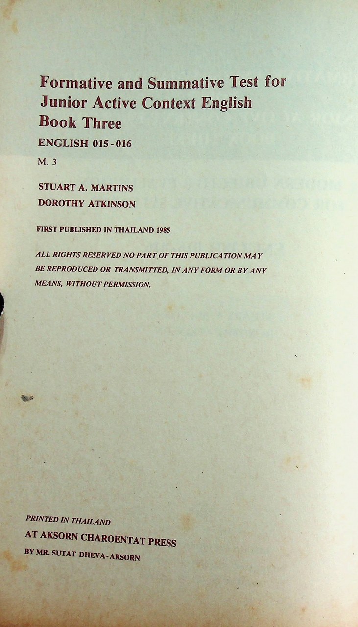 KEY WORKBOOK FORMATIVE AND SUMMATIVE TEST FOR JUNIOR ACTIVE CONTEXT ENGLISH BOOK THREE ENGLISH 015 - 016 M.3