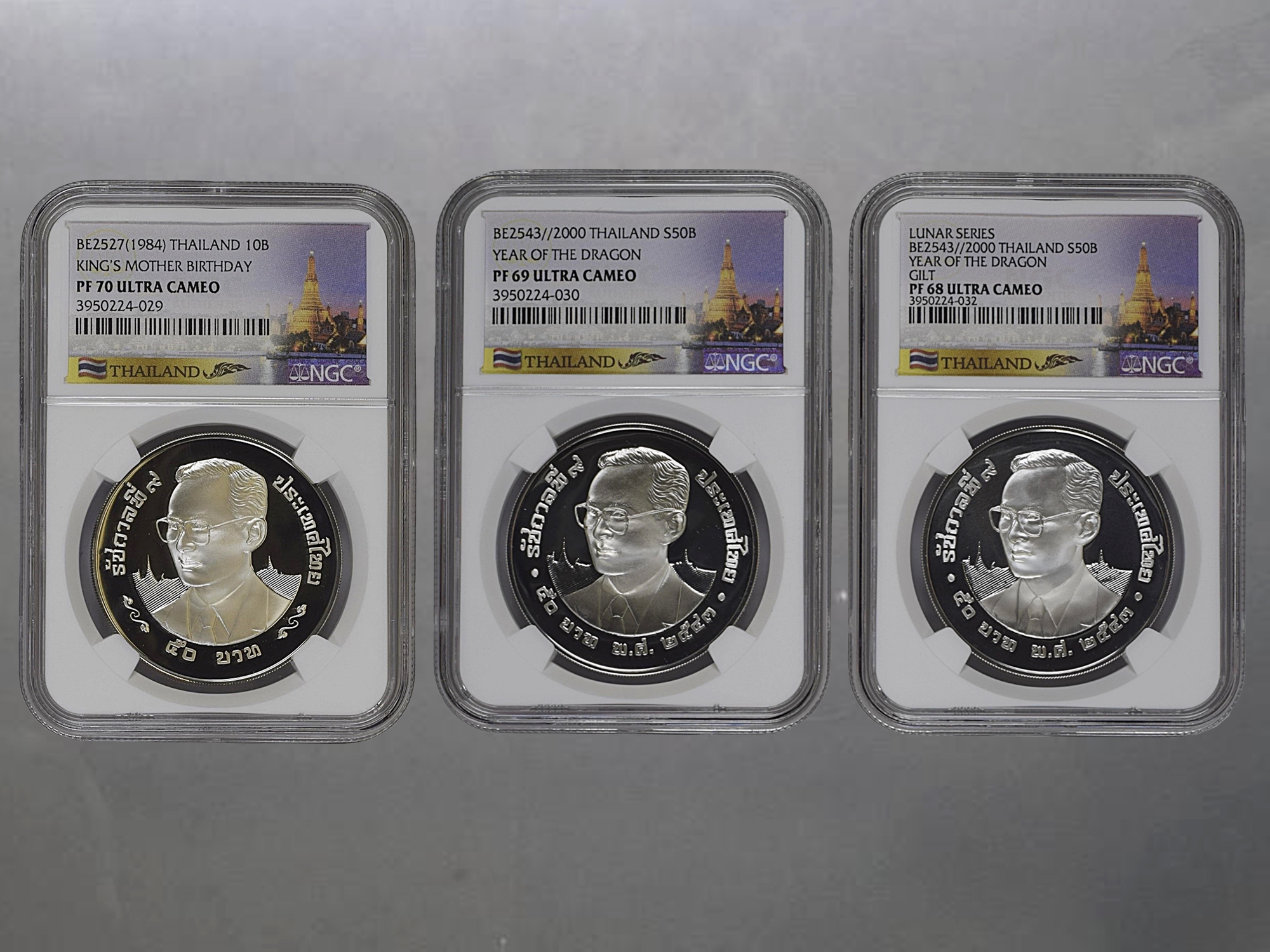 เหรียญเกรด PF 68-69-70 ULTRA CAMEO NGC เหรียญเงินขัดเงา 50 บาท ครบชุด 3 เหรียญ ปีมังกร ค.ศ.2000