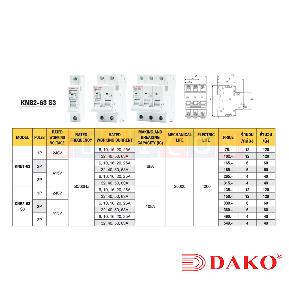 "DAKO" KNB2-63 S3-1P 240V เซอร์กิตเบรกเกอร์ สำหรับคอนซูมเมอร์ยูนิต และโหลดเซ็นเตอร MINIATURE CIRUIT BREAKER (MCB)