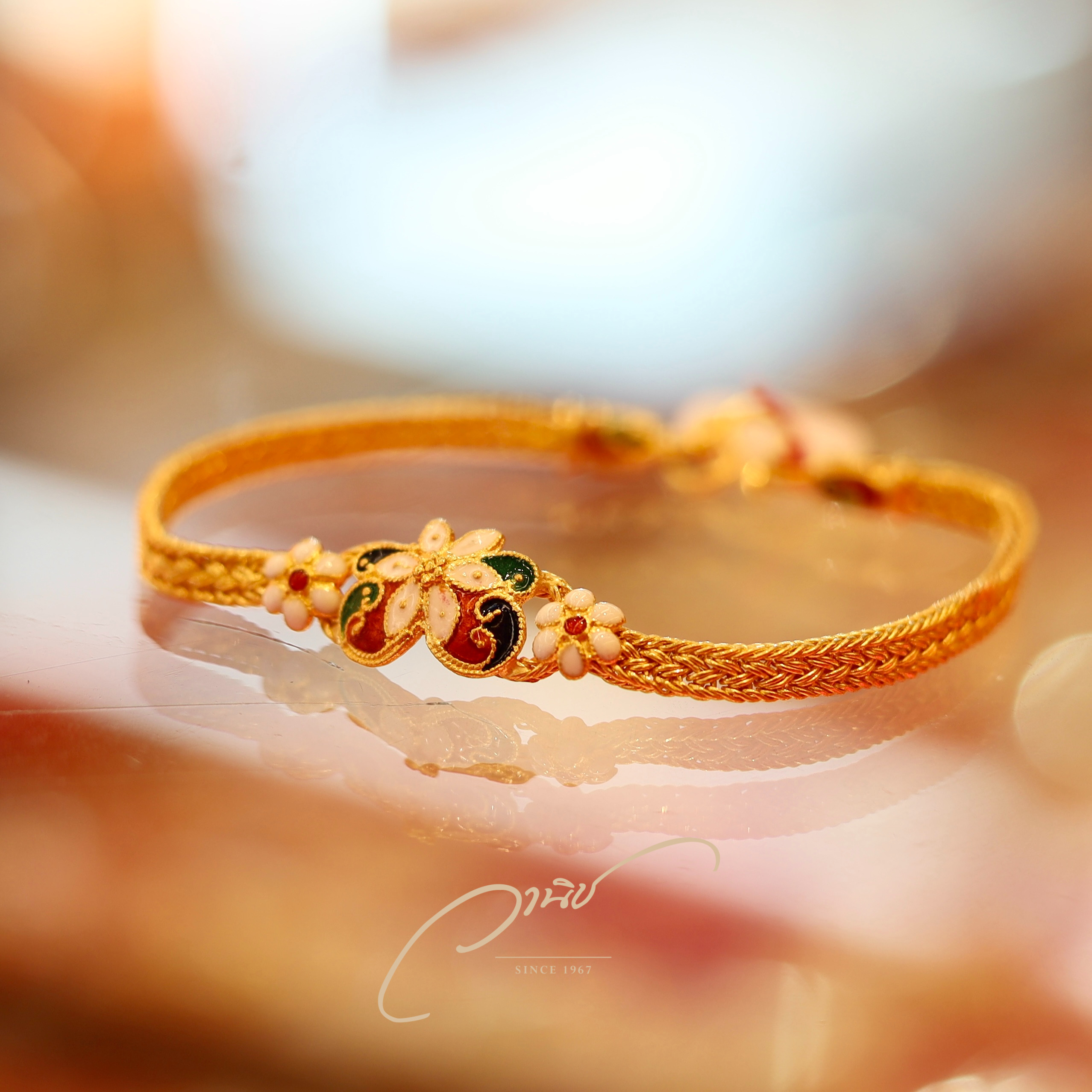 สร้อยข้อมือทองคำ 96.5% ลงยารูปดอกไม้หลากสี