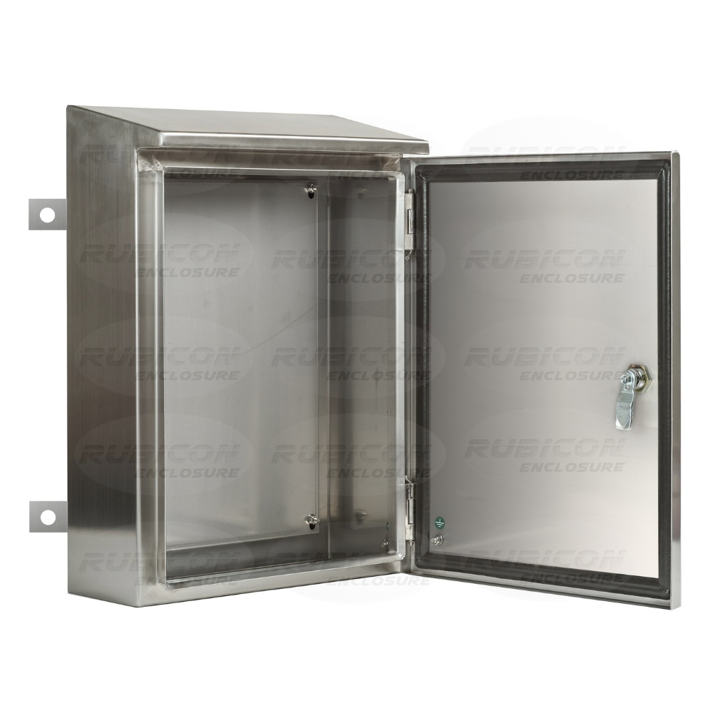 ตู้คอนโทรลสแตนเลส ฝาชั้นเดียว มีหลังคาหลังคาสโลป Size : W400 x H570 x D240 mm. SUS304 ความหนา 2 มม. มีหูยึด 4 มุม