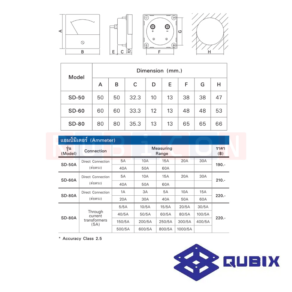 QUBIX SD-80A CLASS 2.5 พาเนลมิเตอร์แบบอนาล็อก แอมป์มิเตอร์ (ต่อตรง) ANALOG PANEL METER SD SERIES 80X80 MM. (AMMETER)