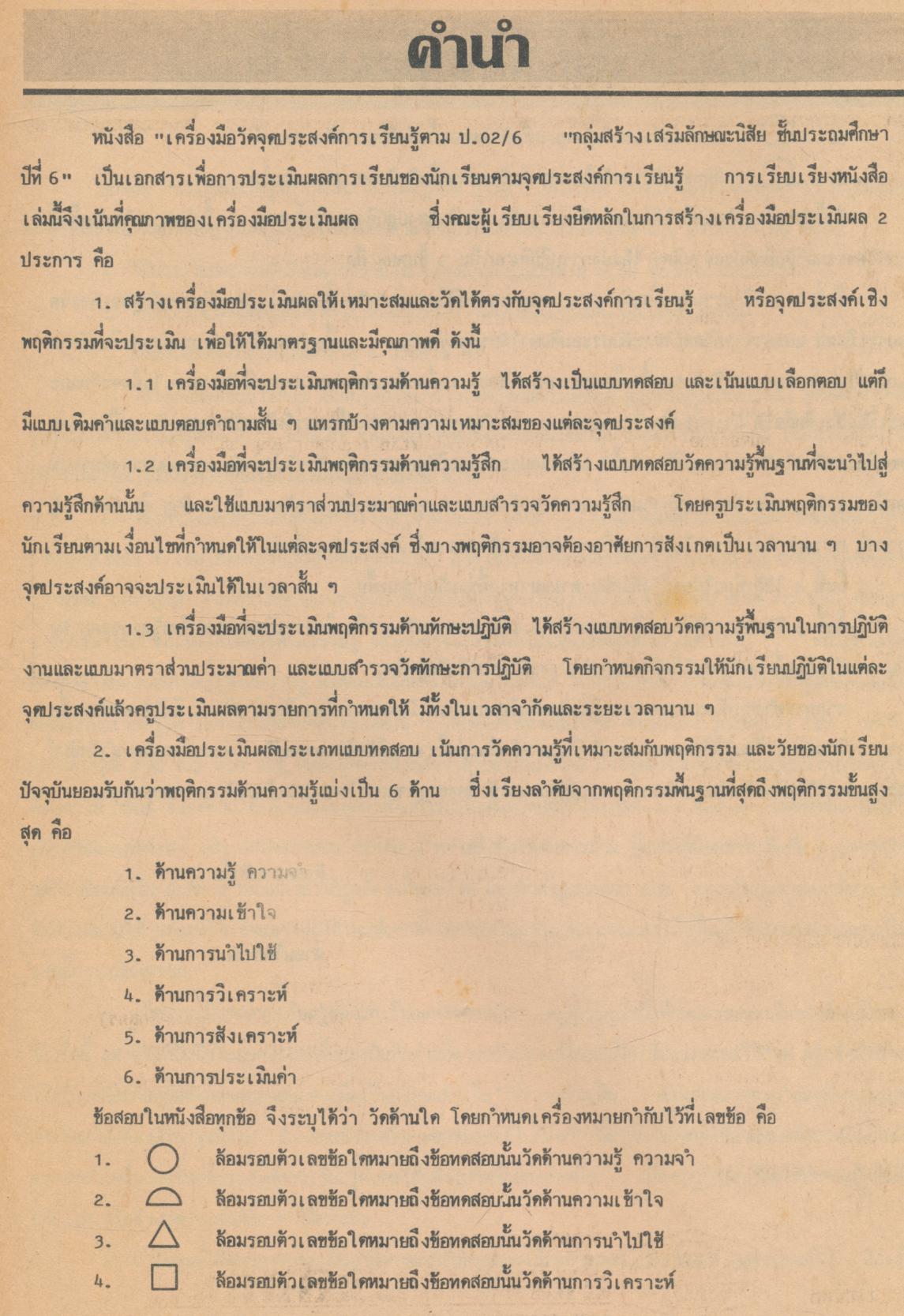 เครื่องมือวัดจุดประสงค์การเรียนรู้ตาม ป.02/6 กลุ่มสร้างเสริมลักษณะนิสัย ภาคความรู้-ภาคปฏิบัติ ชั้นประถมศึกษาปีที่ 6
