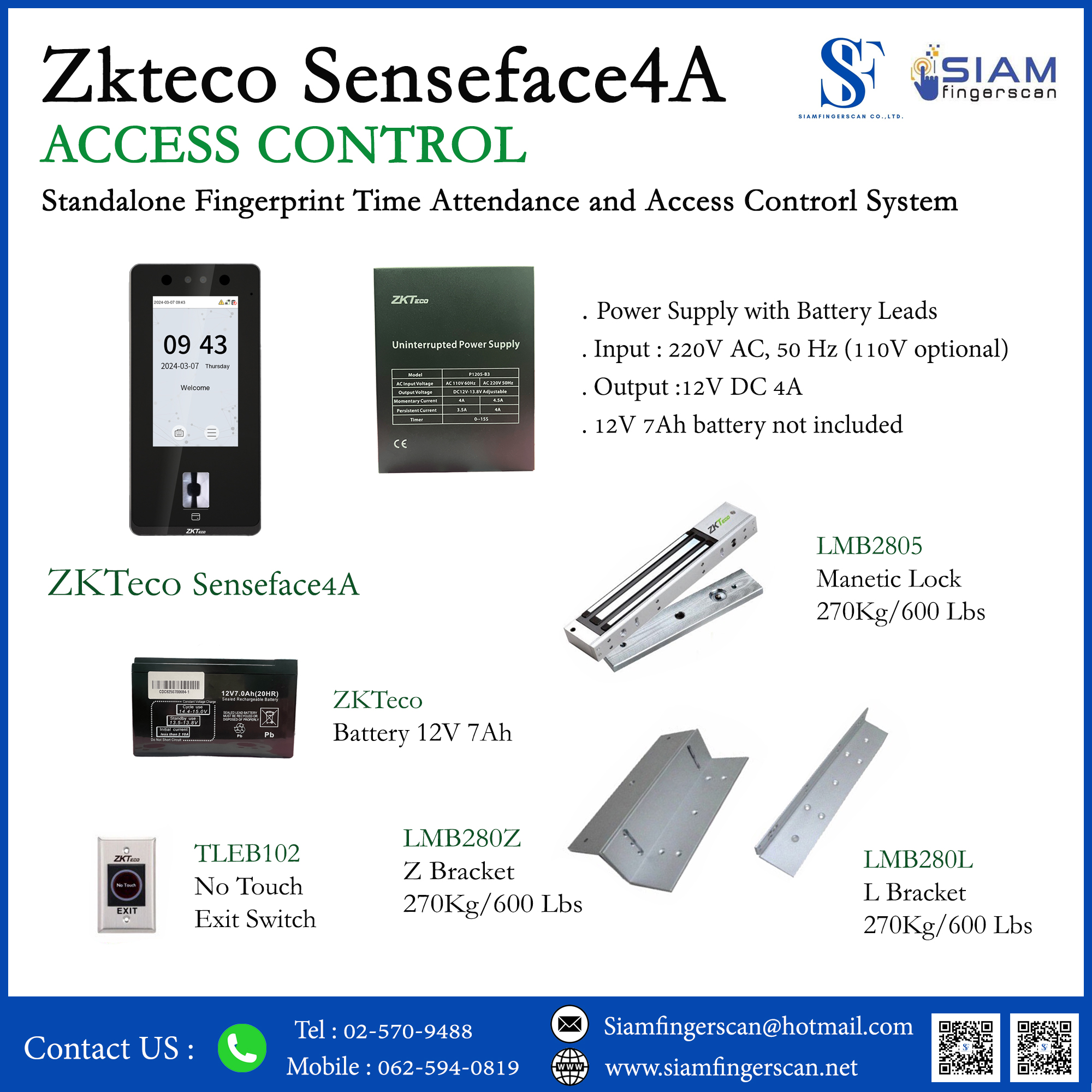 เครื่องสแกนใบหน้า Zkteco Senseface4A
