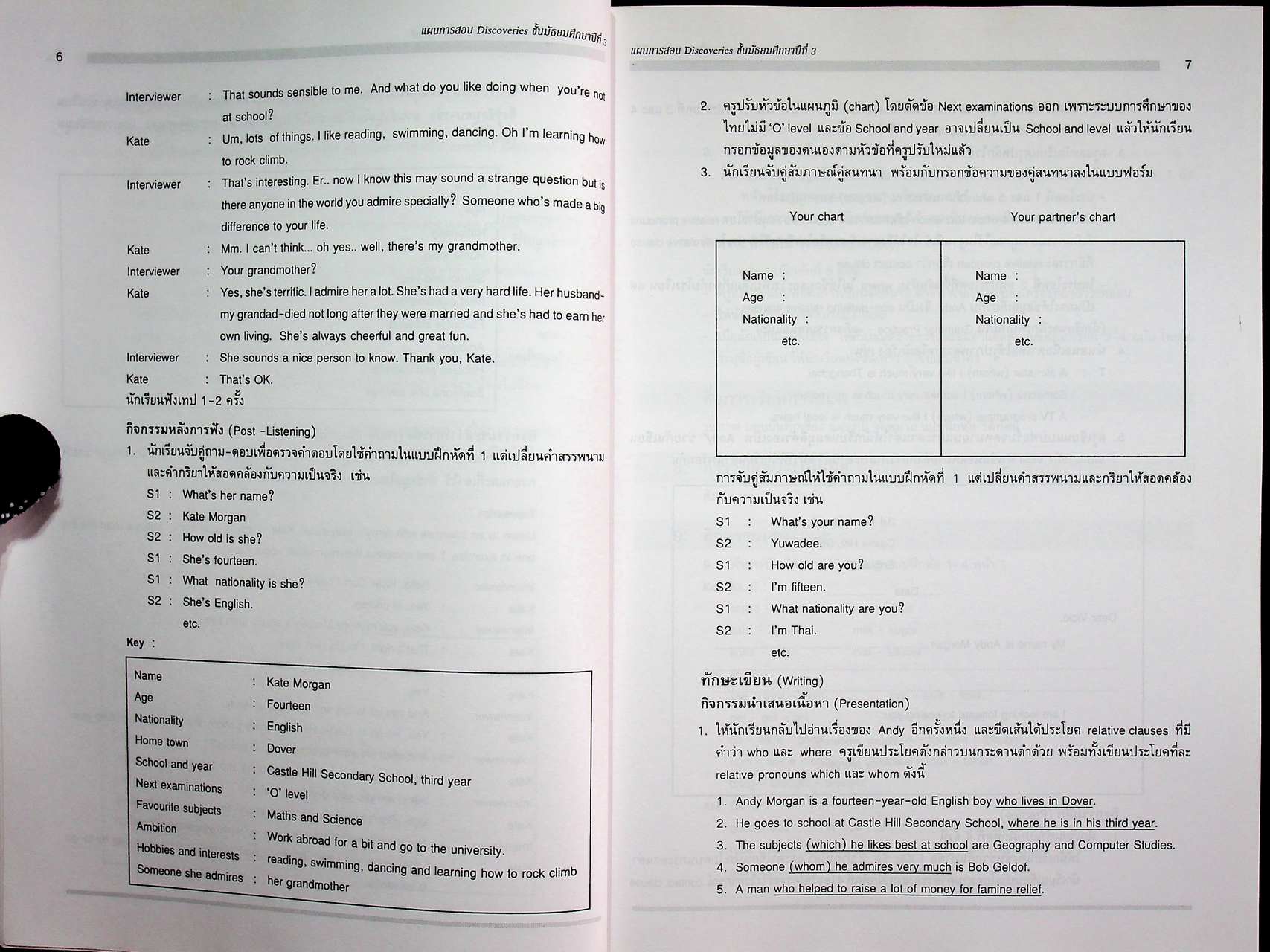 แผนการสอน วิชาภาษาอังกฤษหลัก Discoveries รายวิชา อ 015 อ 016 เล่ม 1 ชั้นมัธยมศึกษาปีที่ 3