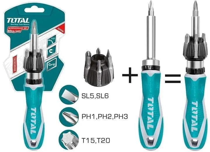 TOTAL ไขควงด้ามฟรี รุ่น TACSD30086 งานหนัก งานลุย พร้อมดอกไขควง 8 ชิ้น/ชุด 8 Pcs Ratchet Screwdriver Set