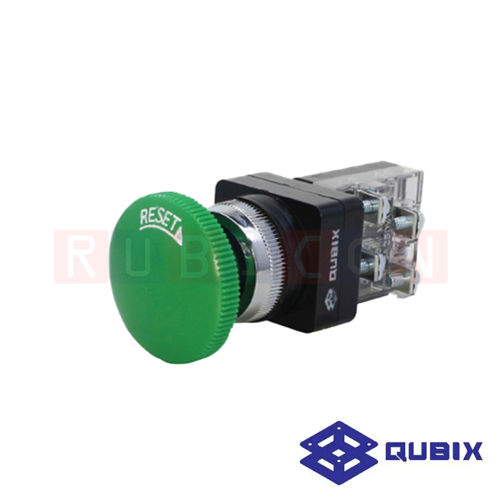 QUBIX CBK-251G สวิตช์กดดอกเห็ด Ø25 mm. สีเขียว (GREEN) CONTACT 1NO+1NC (CONTROL SWITCHES : Ø25 MM.)