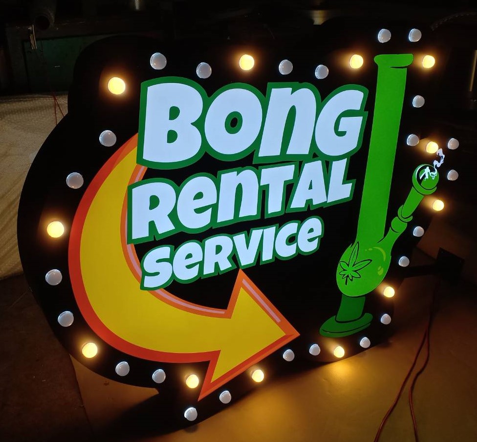 ป้ายไฟปิงปอง “Bong Rental Service” | ป้ายสไตล์เรโทร+แฟนซี สีสันจัดจ้านสะดุดตา พร้อมหลอดไฟหัวกระสุนสว่างทั่วกรอบ