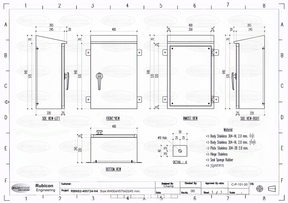 ตู้คอนโทรลสแตนเลส ฝาชั้นเดียว มีหลังคาหลังคาสโลป Size : W400 x H570 x D240 mm. SUS304 ความหนา 2 มม. มีหูยึด 4 มุม