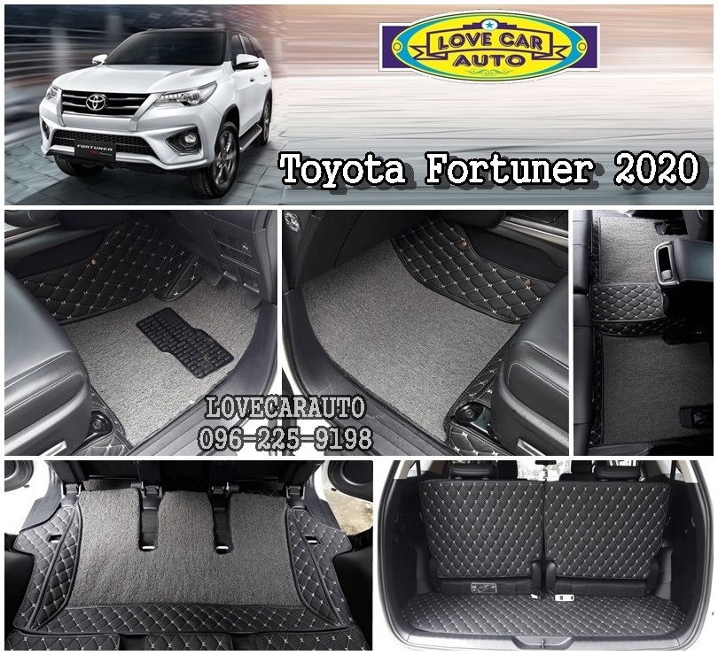 พรมปูพื้นรถ 8D Toyota Fortuner 2020 ไวนิลดักฝุ่นสีเทา เย็บติด พรม6Dสีดำด้ายทอง