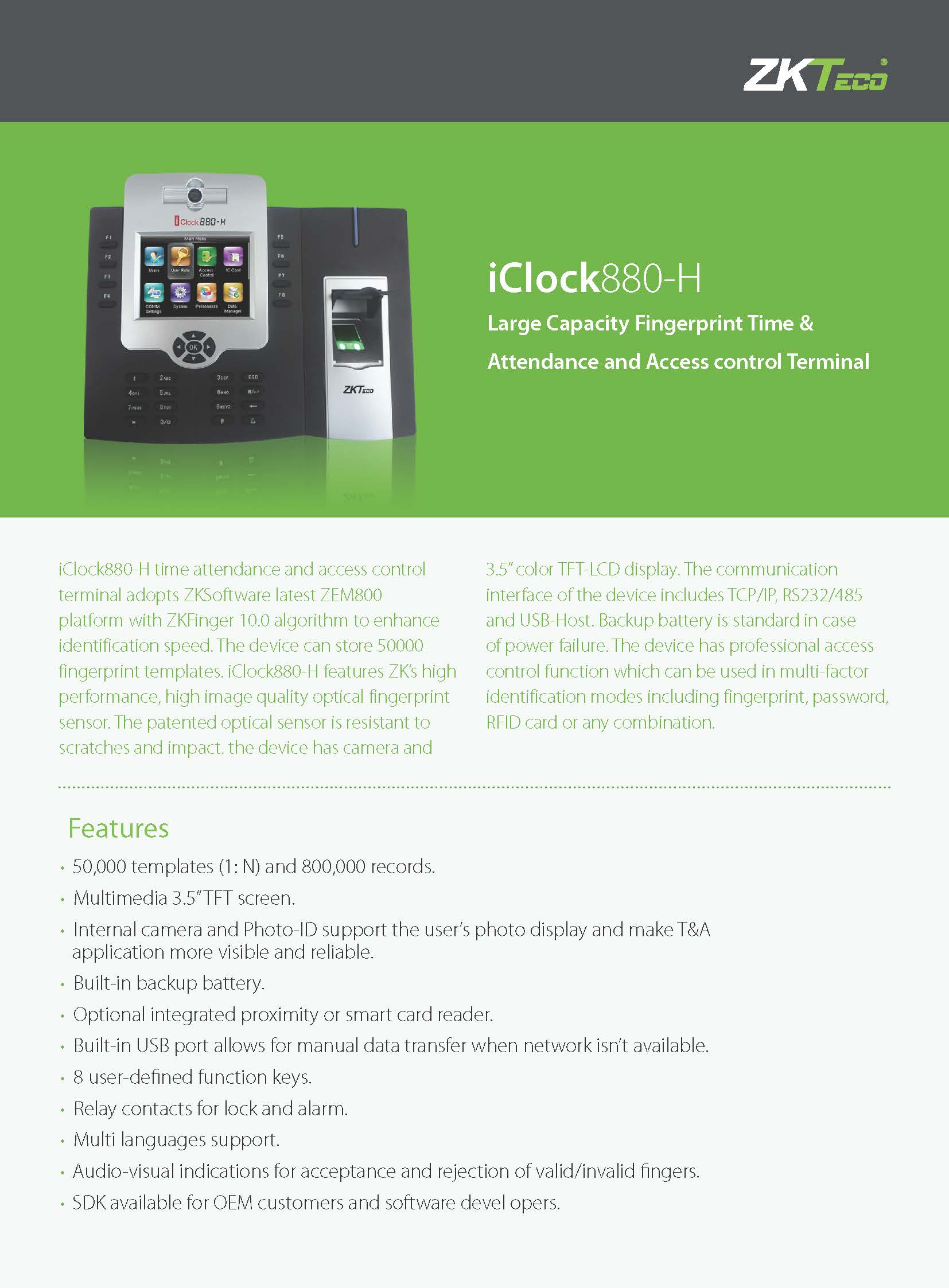 เครื่องสแกนลายนิ้วมือ Zkteco Iclock880-H