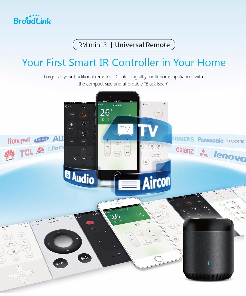 สมาร์ทโฮมกล่องควบคุม ทีวี เครื่องเสียง แอร์ ปิด-เปิดไฟ ผ่านมือถือ(WIFI) Broadlink RM Mini3