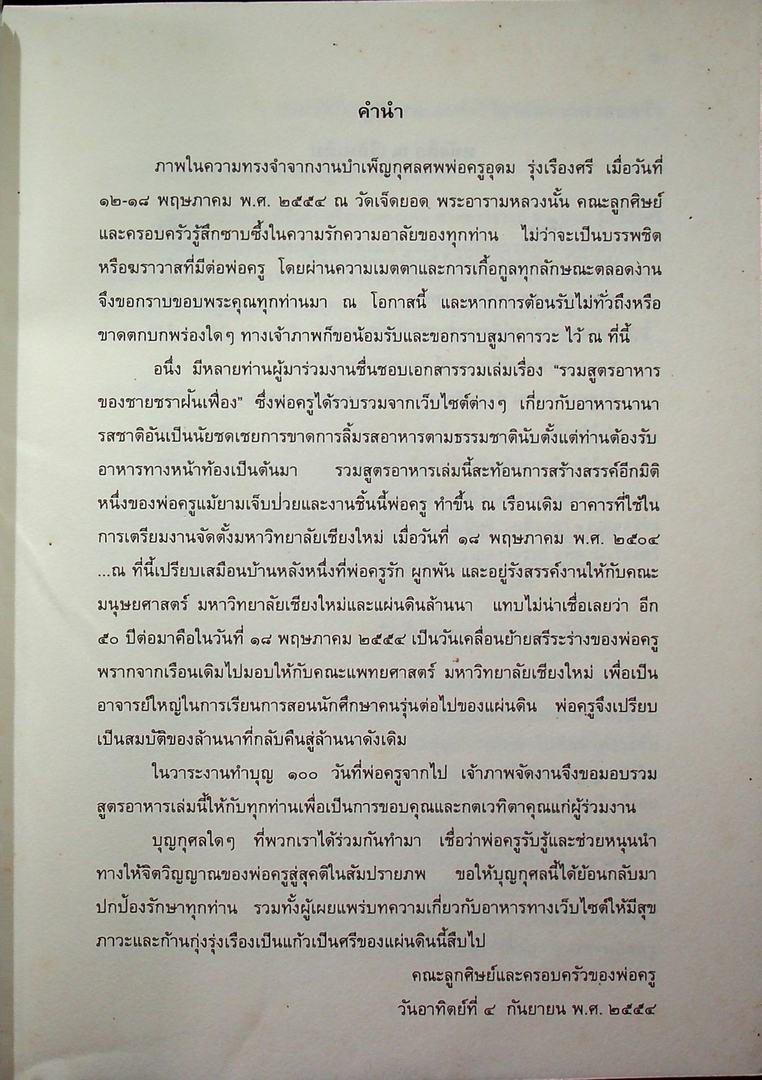 ณ เรือนเดิม หนังสือที่ระลึกงานทำบุญร้อยวัน ศาสตราจารย์ ดร.อุดม รุ่งเรืองศรี วันที่๔ กันยายน พ.ศ ๒๕๕๔ สูตรอาหารของขายขราฝันเฟื่อง ( รวมสูตรอาหาร )