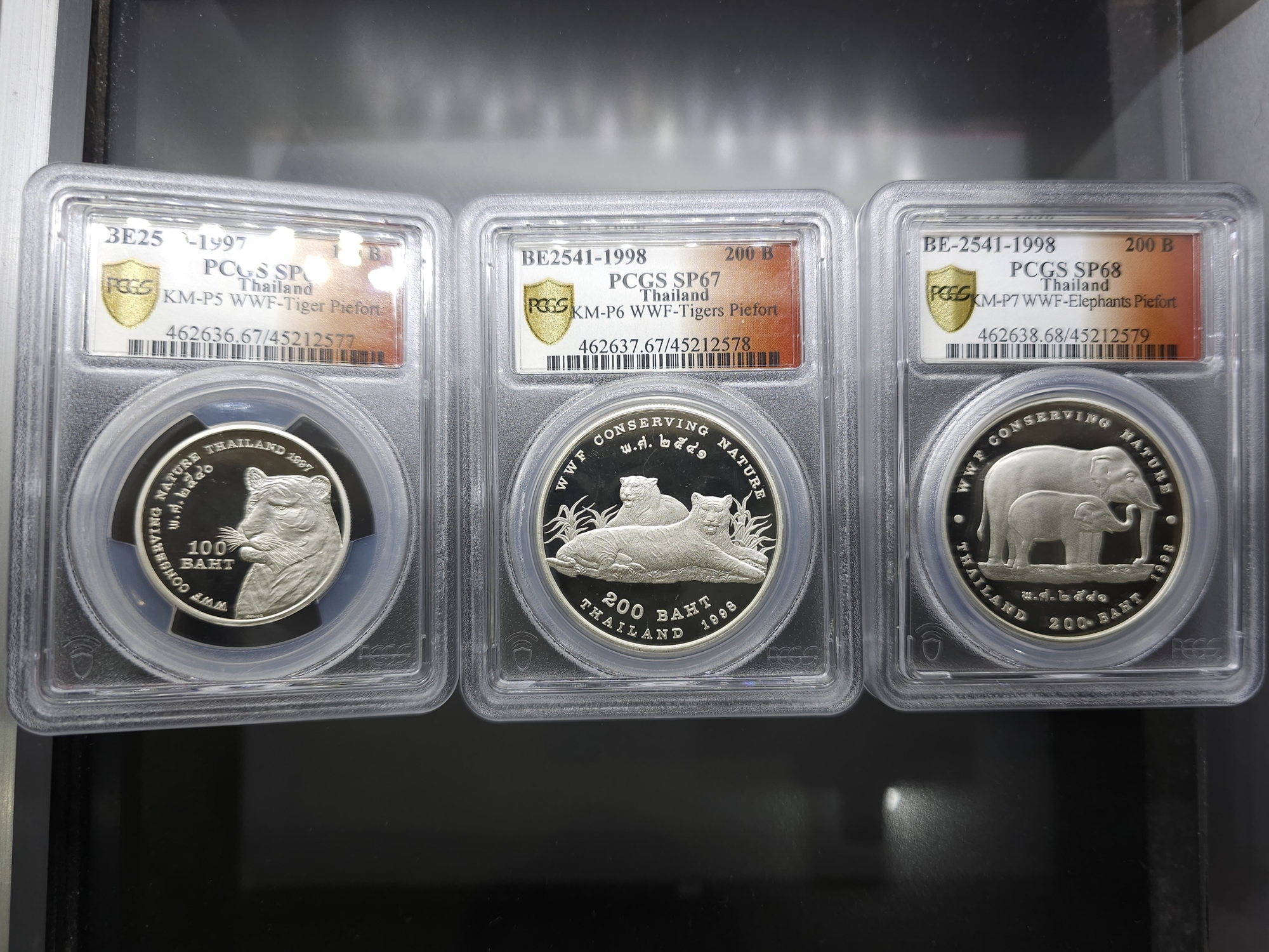 เหรียญเงินขัดเงา พิเศษ (ขนาดหนา 2 เท่า) ครบชุด อนุรักษ์ธรรมชาติและสัตว์ป่า 100-200-200 บาท เหรียญเกรด PF 67-68 PCGS