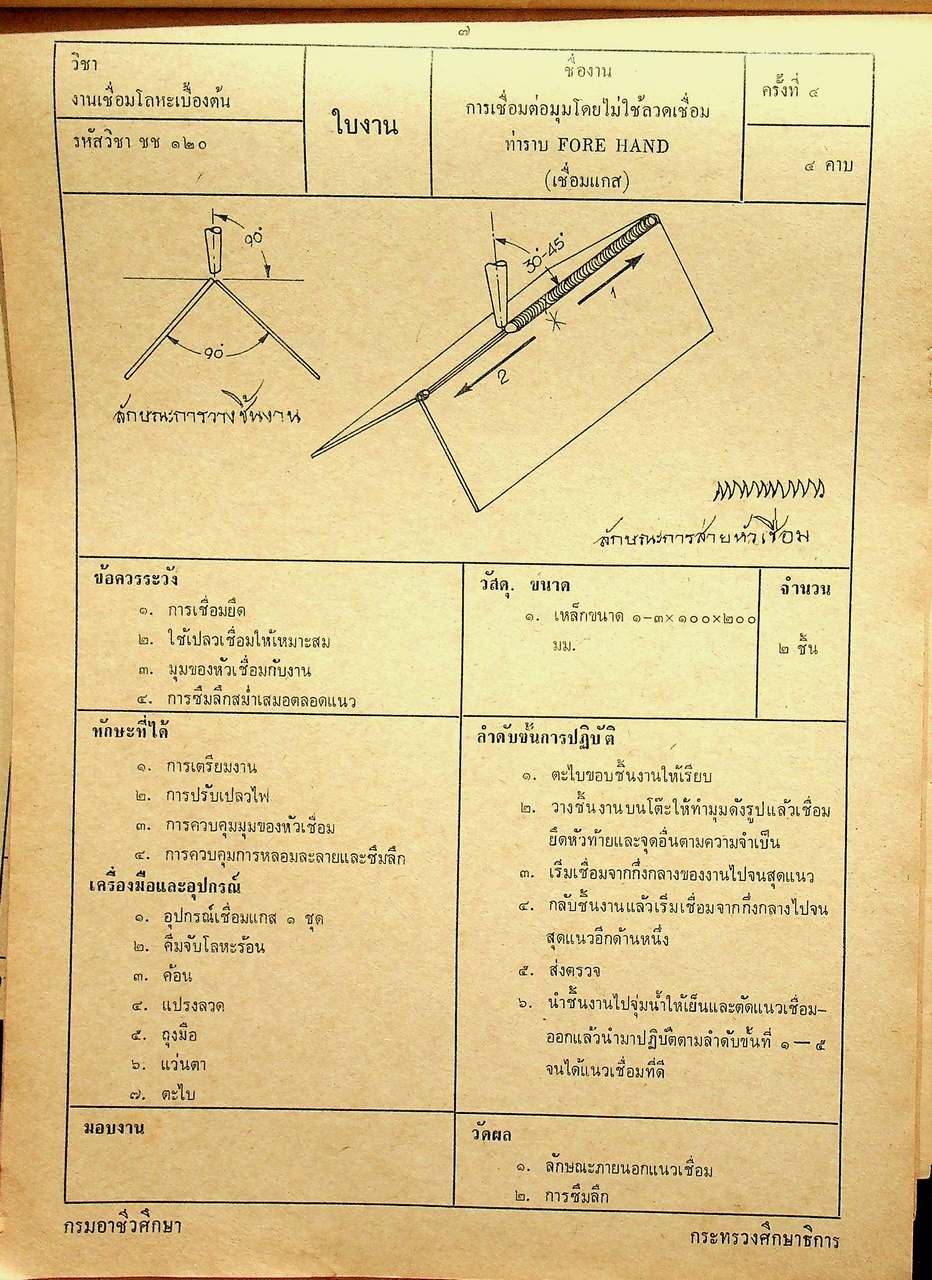 ใบงานแผนกช่างเชื่อมและโลหะแผ่น ชช ๑๒๐ งานเชื่อมโลหะเบื้องต้น ของกรมอาชีวศึกษา