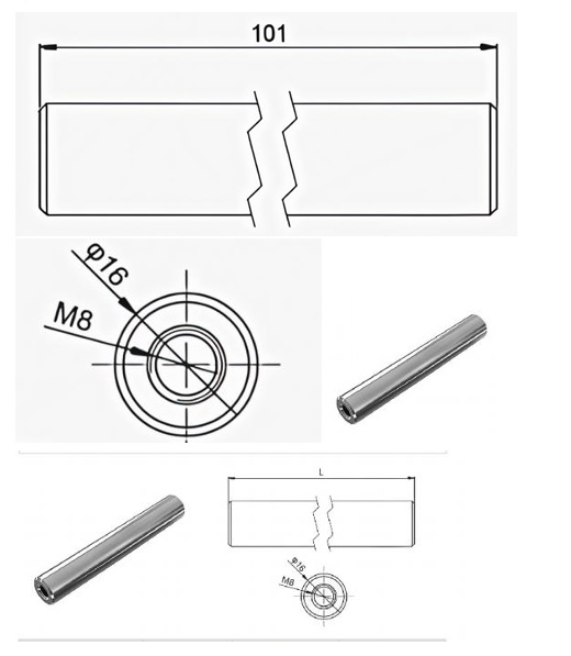 สายพาน Top chain แกนเพลาขนาด 16 มม ยาว 101 มม M8 SUS304 สำหรับประกอบโครงสายพาน Top chain.