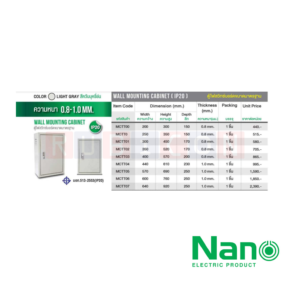 "NANO" MCTT0 ตู้เหล็ก ตู้ไฟสวิทซ์บอร์ดขนาดมาตรฐาน IP20 ขนาด W250xH350xD150 mm. ความหนาเ 0.8 mm. สีควันบุหรี่ย่น (Light Gray)