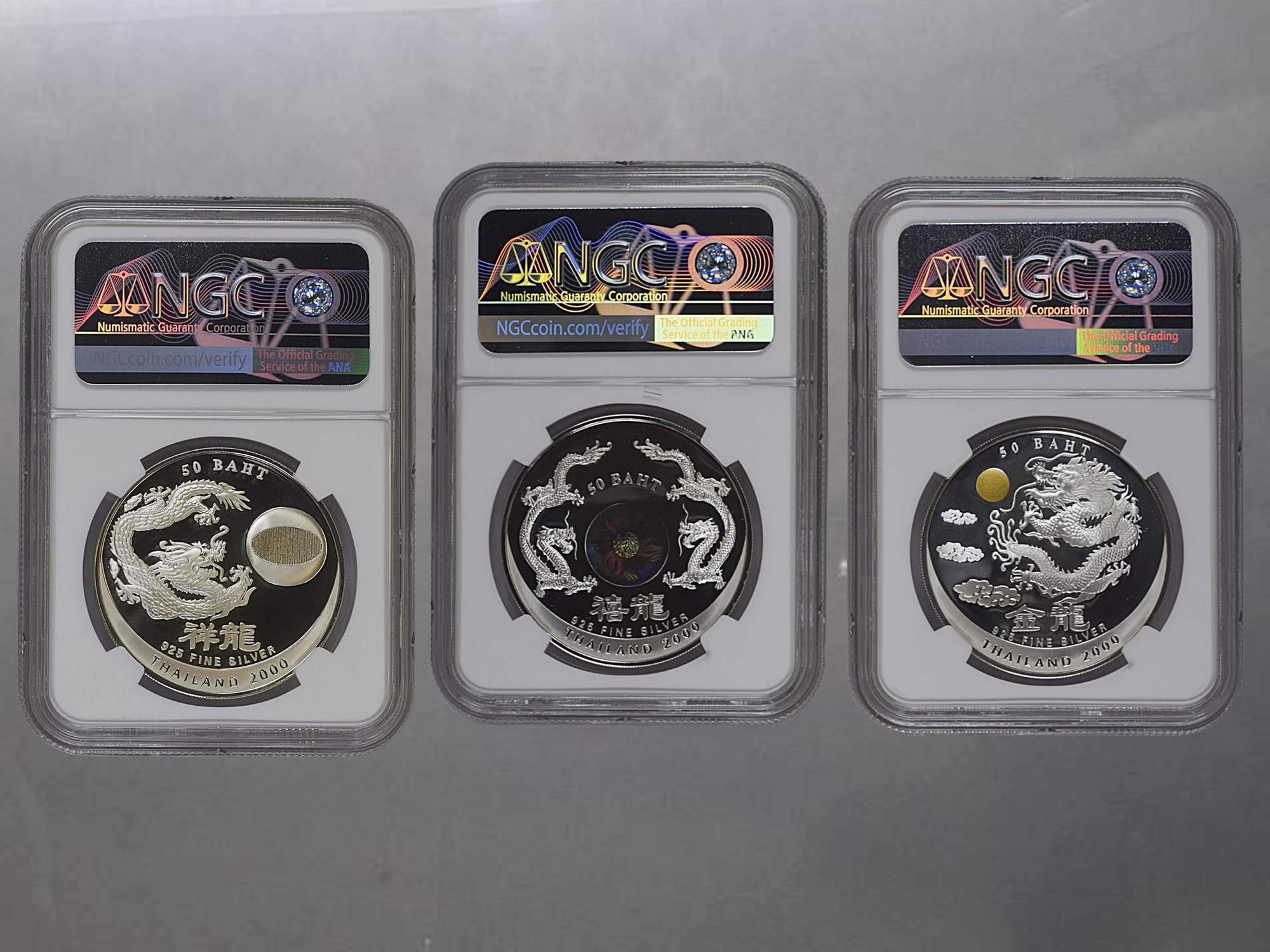 เหรียญเกรด PF 68-69-70 ULTRA CAMEO NGC เหรียญเงินขัดเงา 50 บาท ครบชุด 3 เหรียญ ปีมังกร ค.ศ.2000
