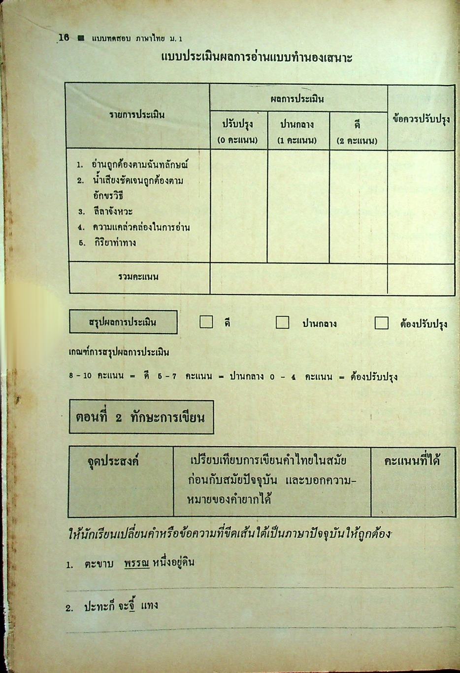 แบบทดสอบประเมินผลตามจุดประสงค์การเรียนรู้ ภาษาไทย ท ๑๐๑ - ท ๑๐๒ ชั้นมัธยมศึกษาปีที่ ๑