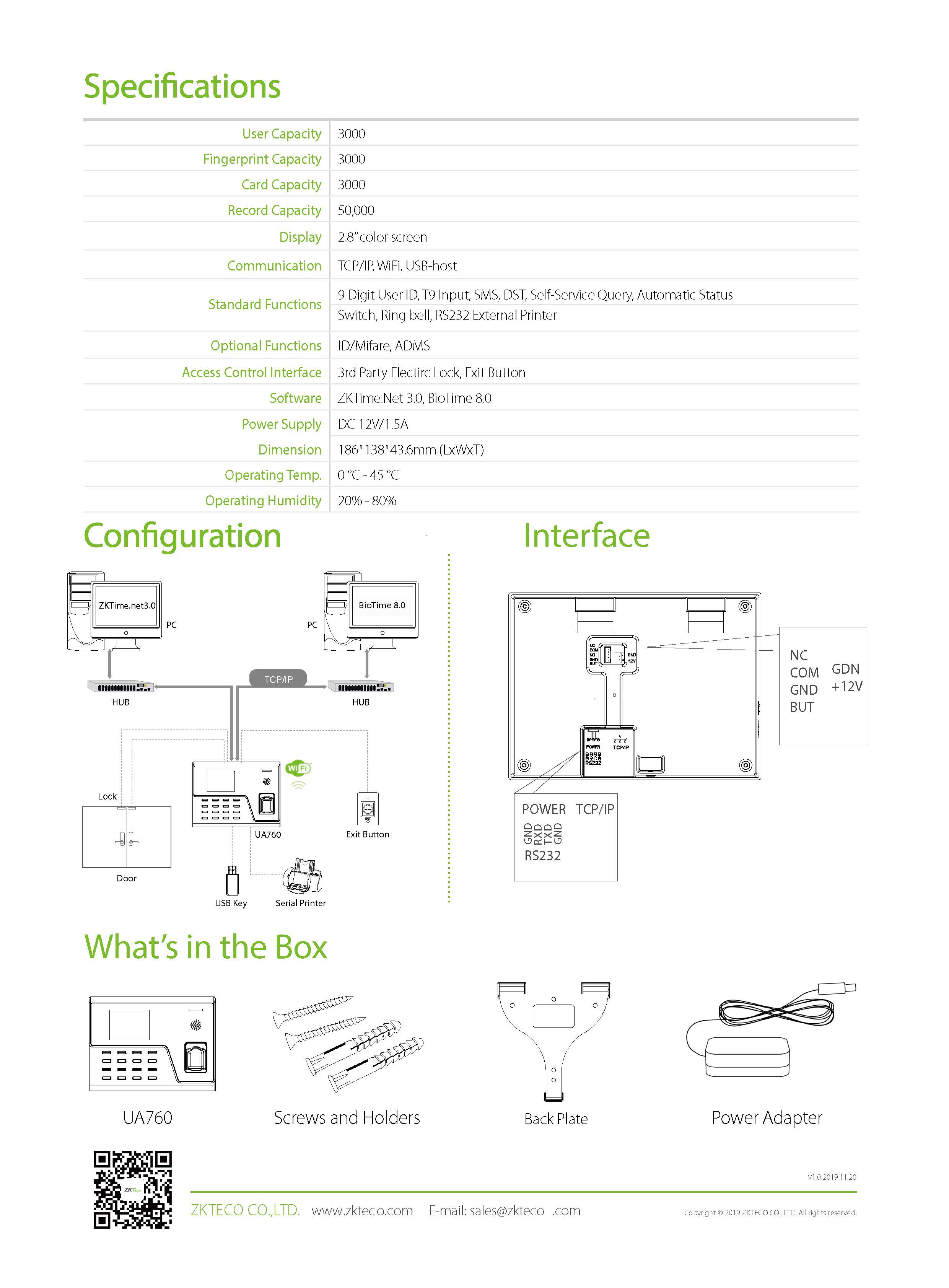 เครื่องสแกนลายนิ้วมือ Zkteco UA760