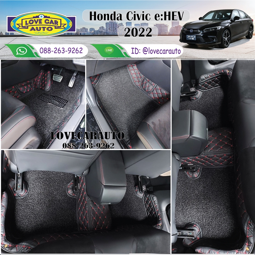 พรมปูพื้นรถยนต์ 8D Honda Civic eHEV 2022 สีดำด้ายแดง+ไวนิลดักฝุ่นสีดำ