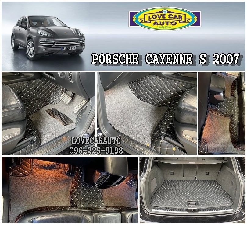 พรม 8D ปูพื้นรถยนต์ Porsche Cayenne ปี2007 ไวนิลดักฝุ่นสีเทา เย็บติด พรมหนัง6Dสีดำด้ายทอง