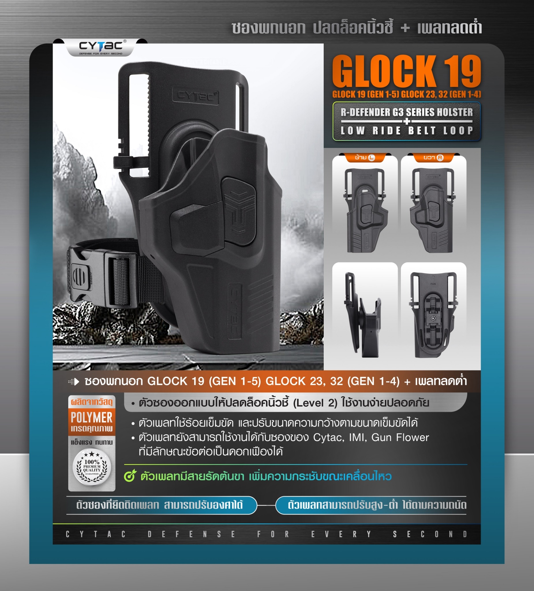 🇹🇭 700 ไทยแลนด์ แทคติคอล CYTAC ซองพกนอกปลดนิ้วชี้ Glock19 + เพลทลดต่ำ