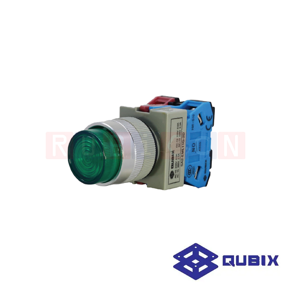 QUBIX SA2-EML11G-2D สวิตช์กดมีแล้มป์ กดเด้งกลับ สีเขียว (GREEN) LED 24VDC CONTACT 1NO+1NC (ILLUMINATED CONTROL SWITCHES : Ø22/25 MM.)