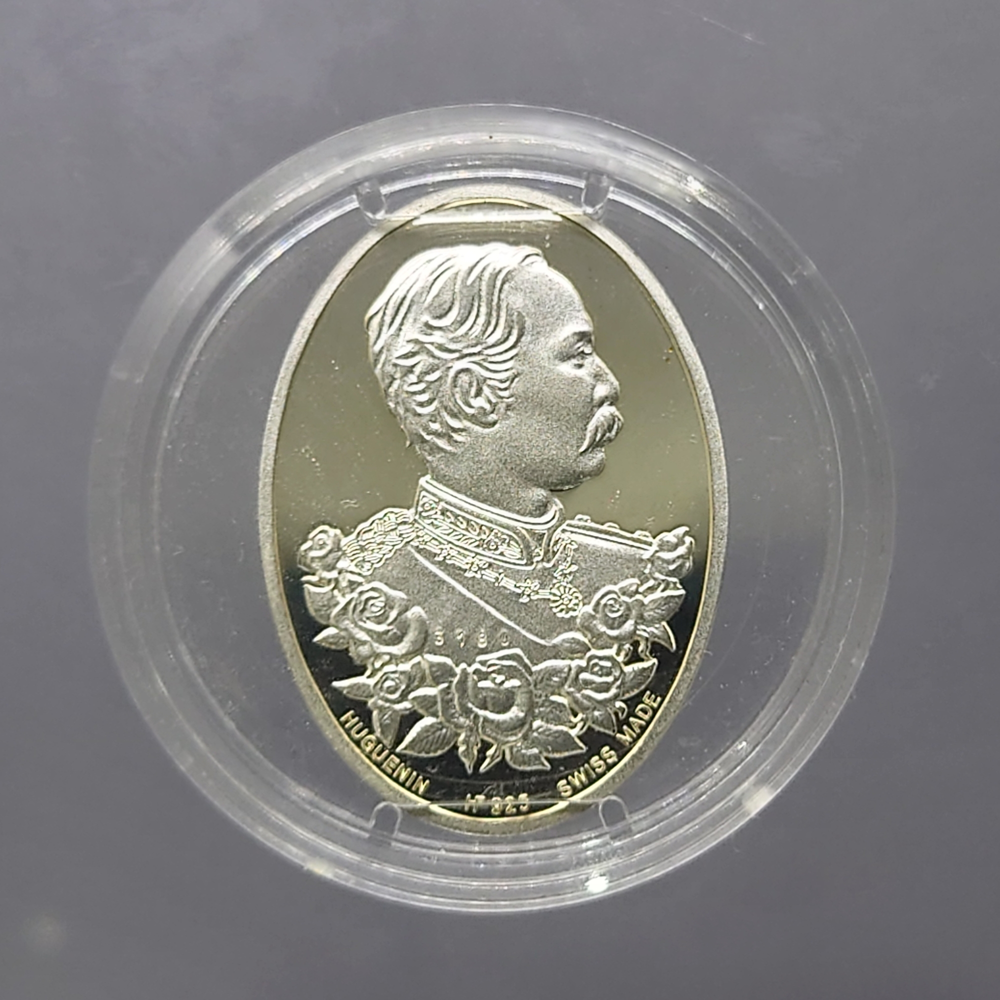 สมเด็จพระปิยมหาราช (สองหน้า รุ่นแรก) เนื้อเงิน ขัดเงา บล็อกฮูกานิน สวิสๆ วัดสุทัศน์ๆ พ.ศ.2537 พร้อมตลับเดิม