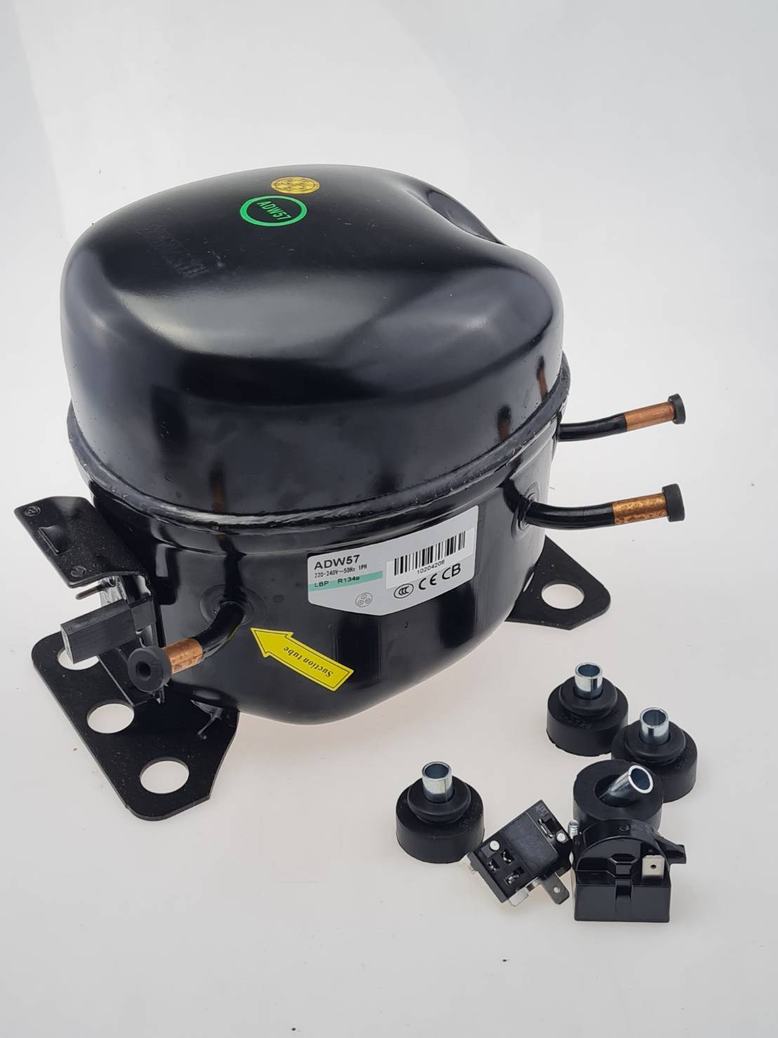 ADW57 คอมเพรสเชอร์ 1/5 แรงม้า R134a LBP สำหรับตู้แช่ ตู้เย็น Compressor ของใหม่ พร้อมอุปกรณ์ ดีเลย์ โอเวอร์โหลด