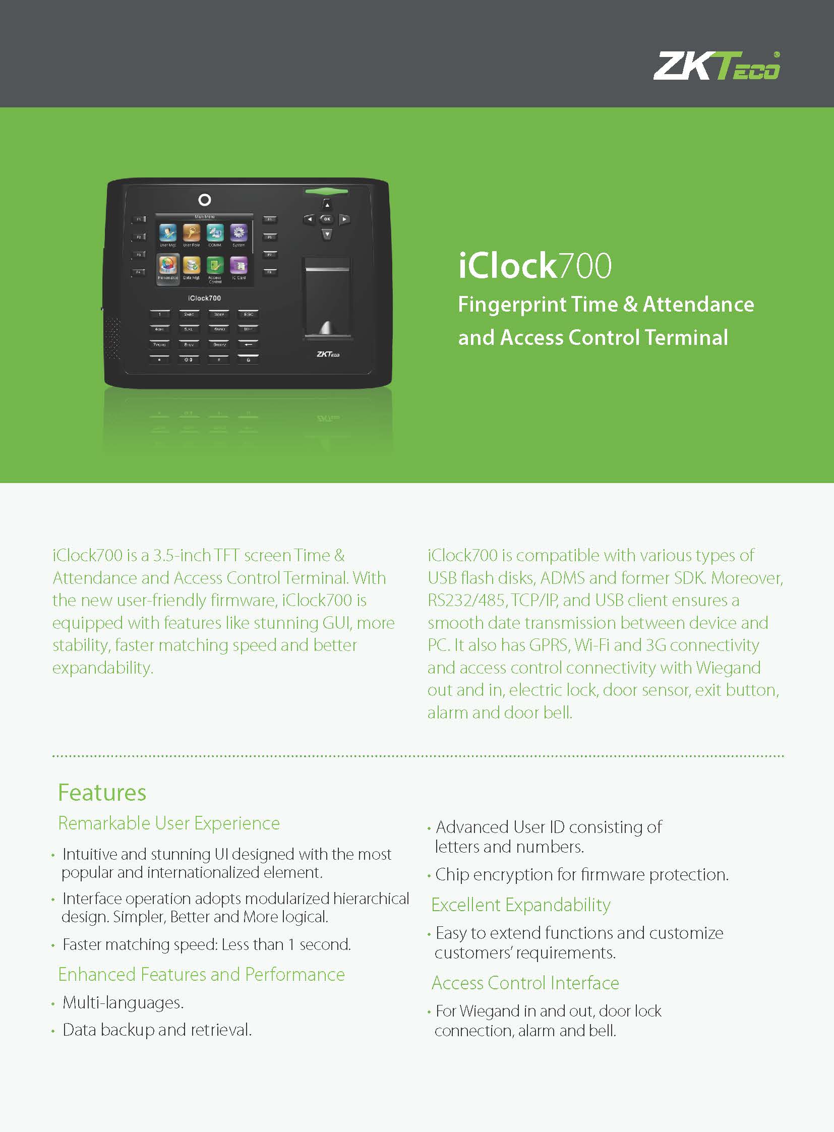 เครื่องสแกนลายนิ้วมือ Zkteco iClock700
