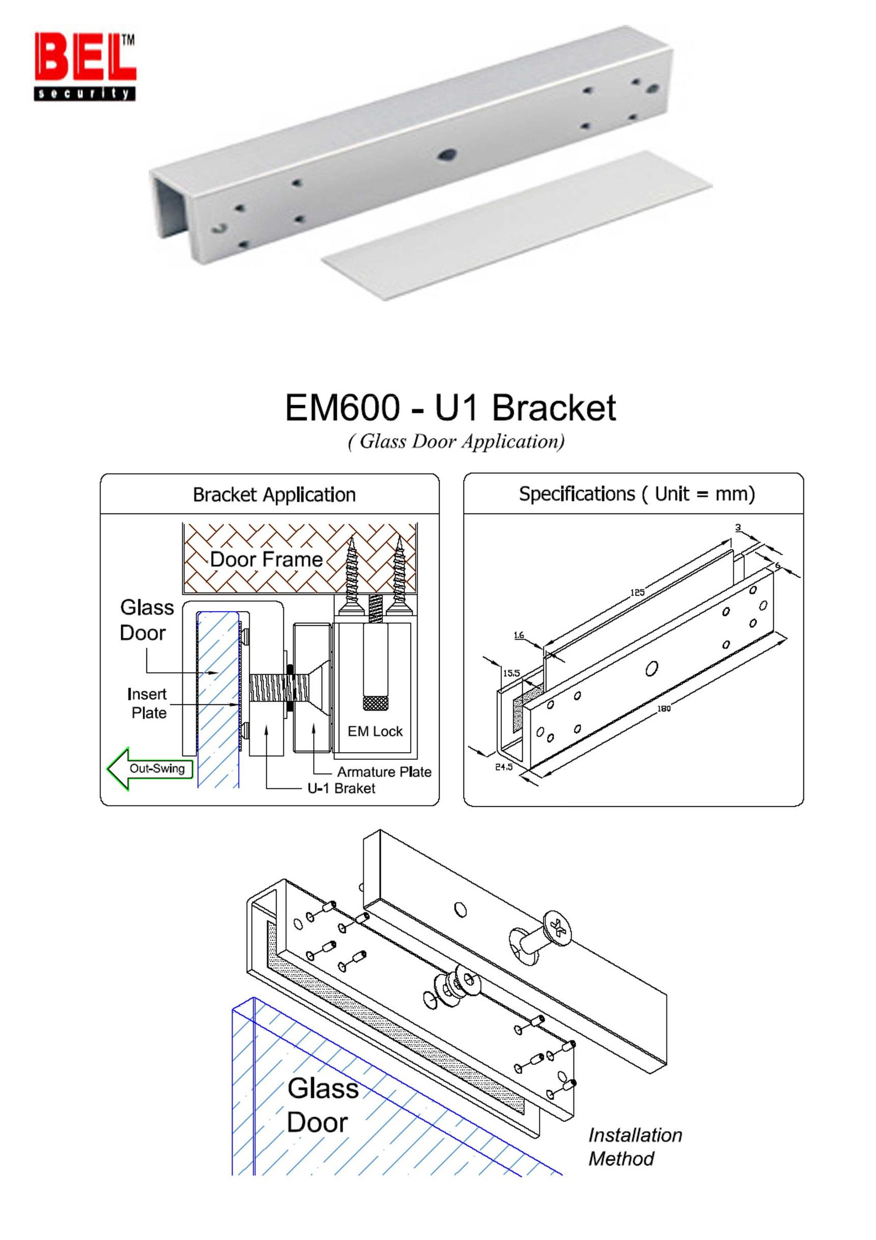 U Bracket สำหรับประตูกระจกบานเปลือยล่าง ยี่ห้อ BEL รุ่น U1-600