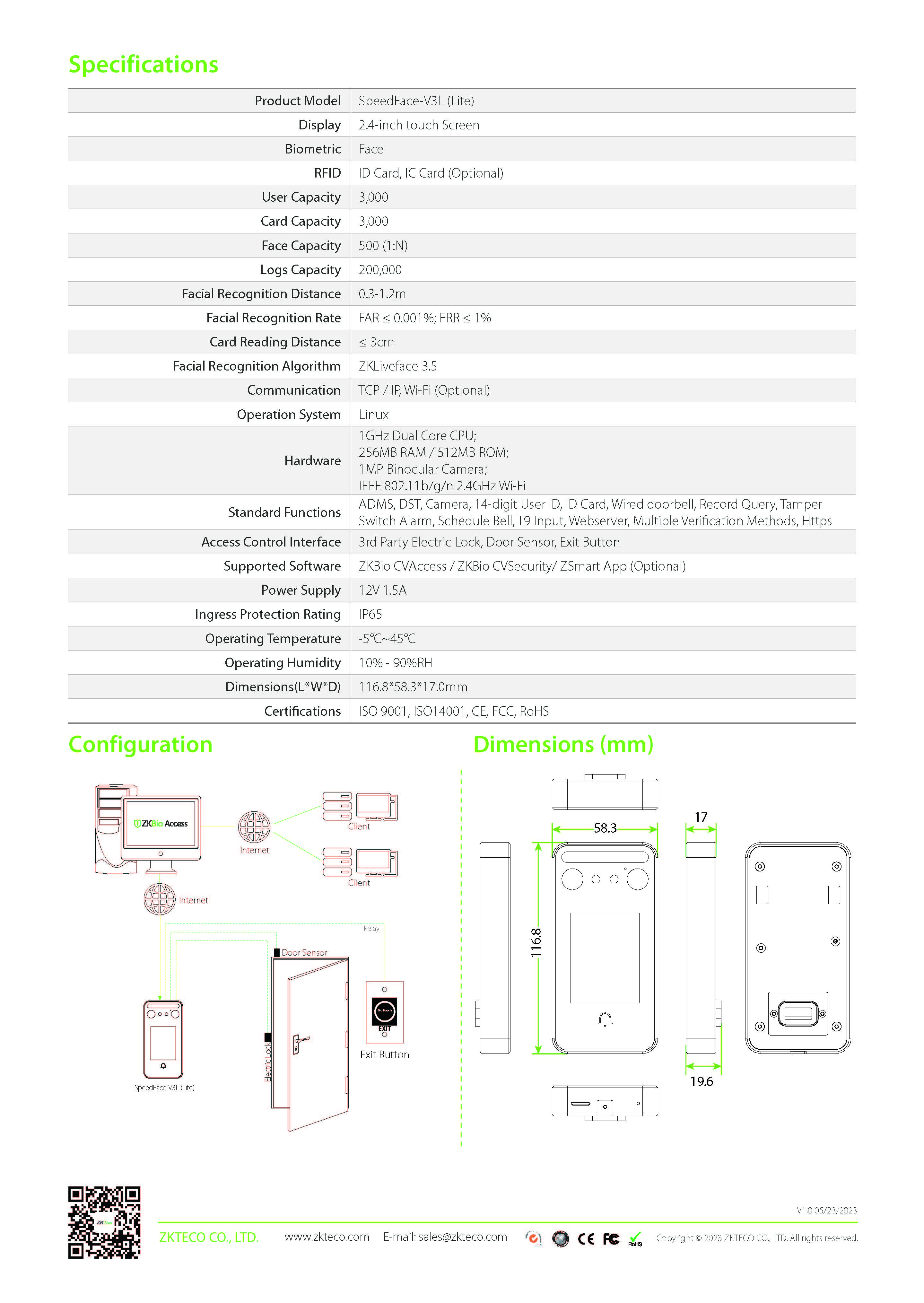 เครื่องสแกนใบหน้า Zkteco SpeedFace-V3L (Lite)