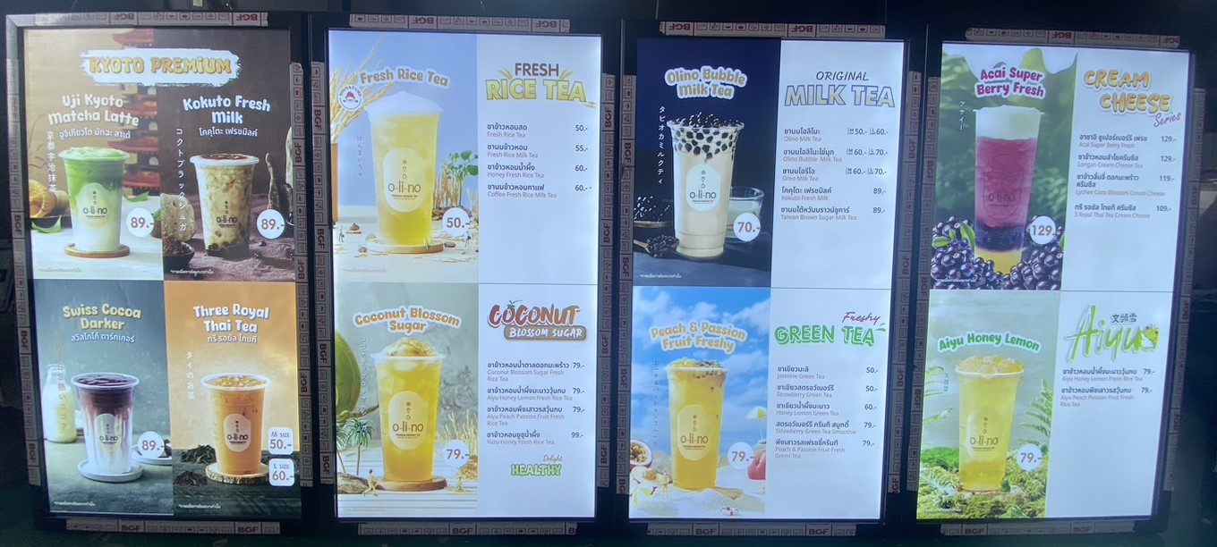ป้ายไฟเมนูร้าน Olino Crepe & Tea – เมนูเครื่องดื่มชัดทุกไซซ์ สะดุดตาทุกแก้วด้วย Slim Lightbox