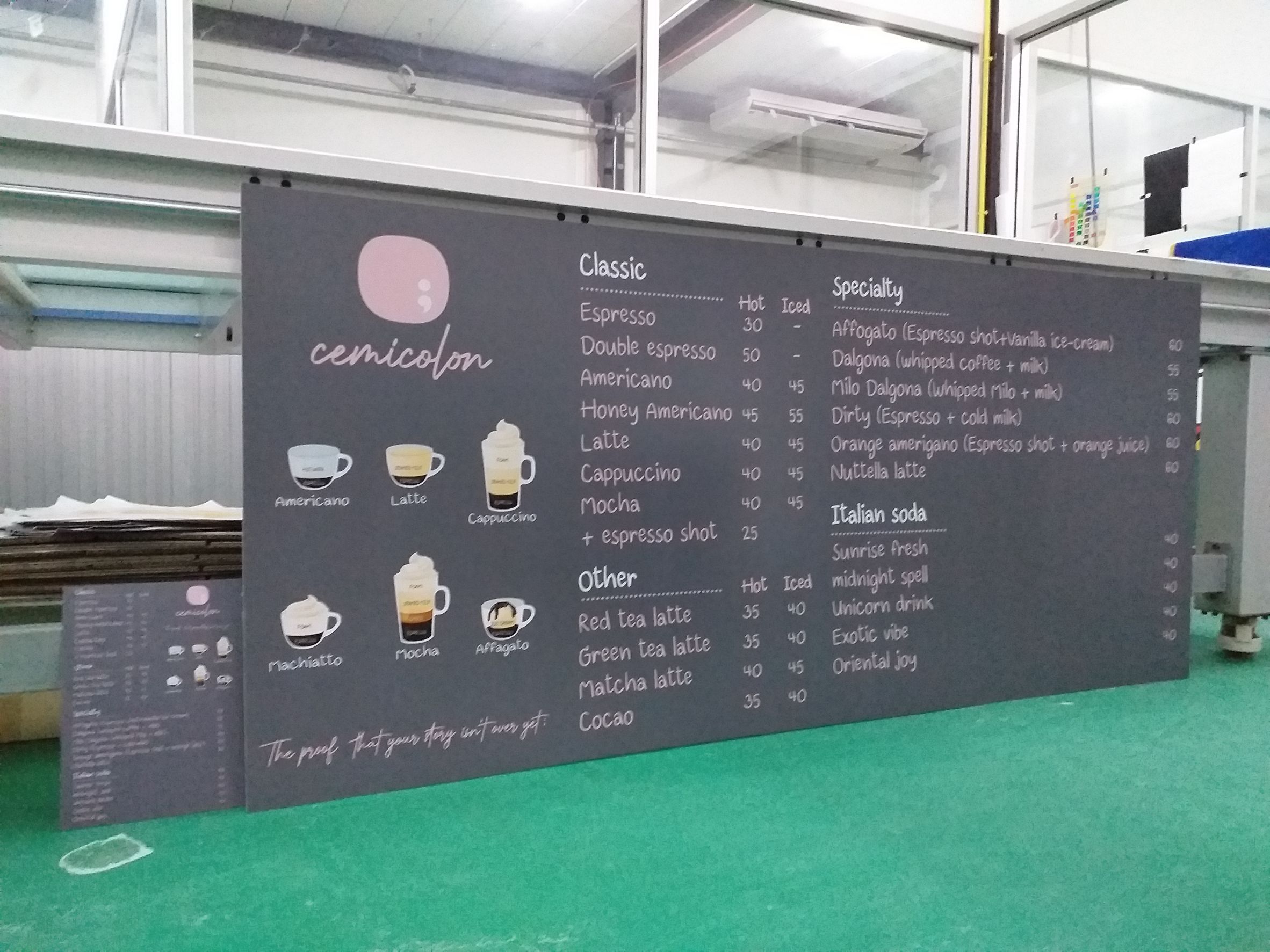 ป้ายปริ้นท์เมนูร้านกาแฟ พิมพ์ลงบนแผ่นอะคริลิค งานร้านกาแฟCEMICOLON