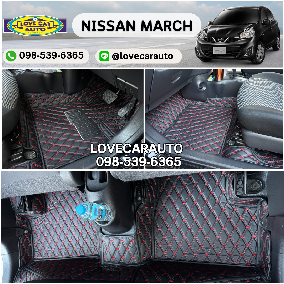 พรมปูพื้นรถยนต์ 6D nissan march สีดำด้ายแดง