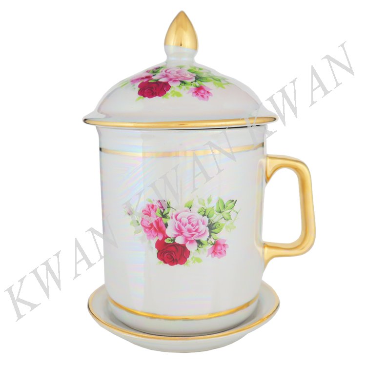 KWAN แก้วเบญจรงค์ ลายกุหลาบ 3 สี