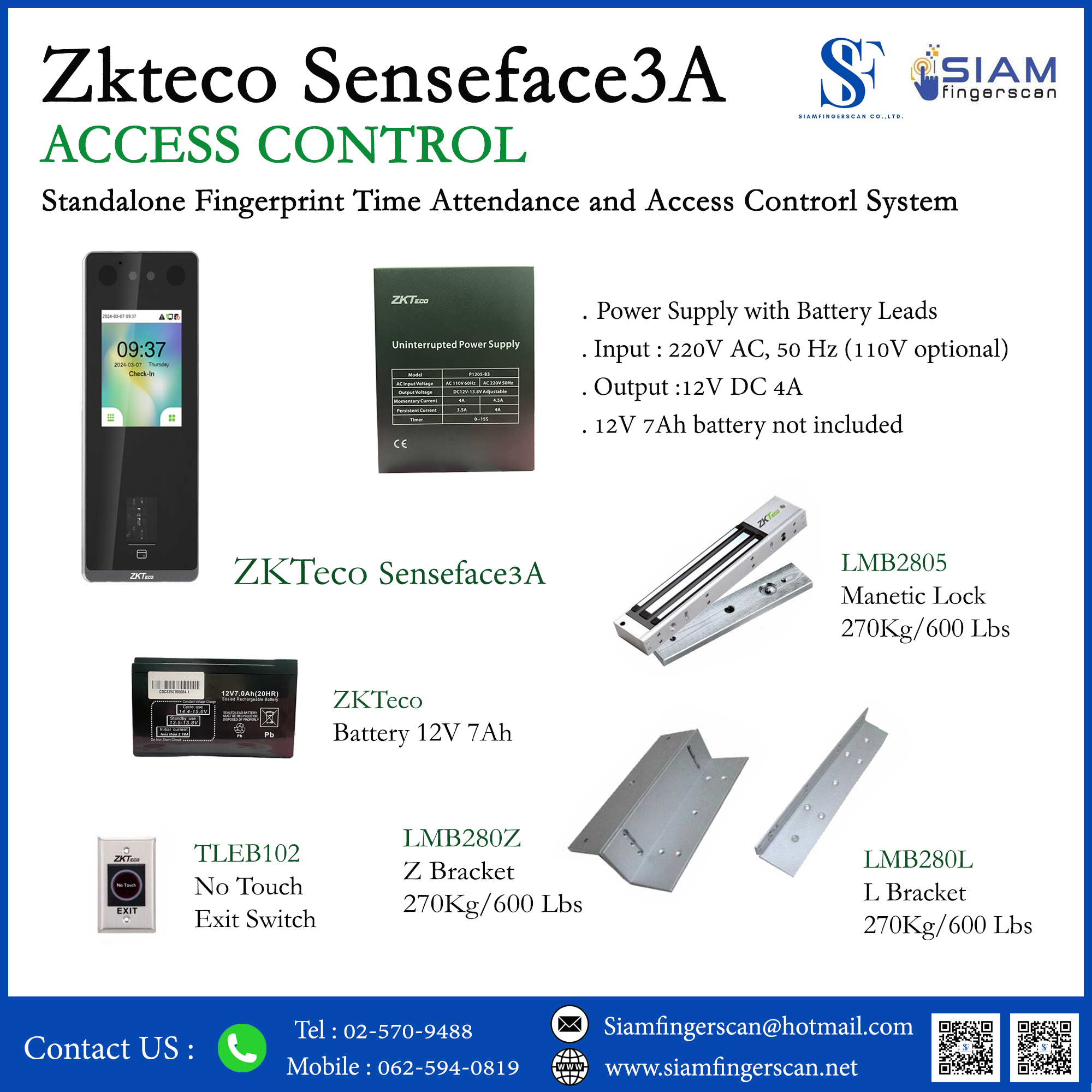 เครื่องสแกนใบหน้า Zkteco Senseface3A
