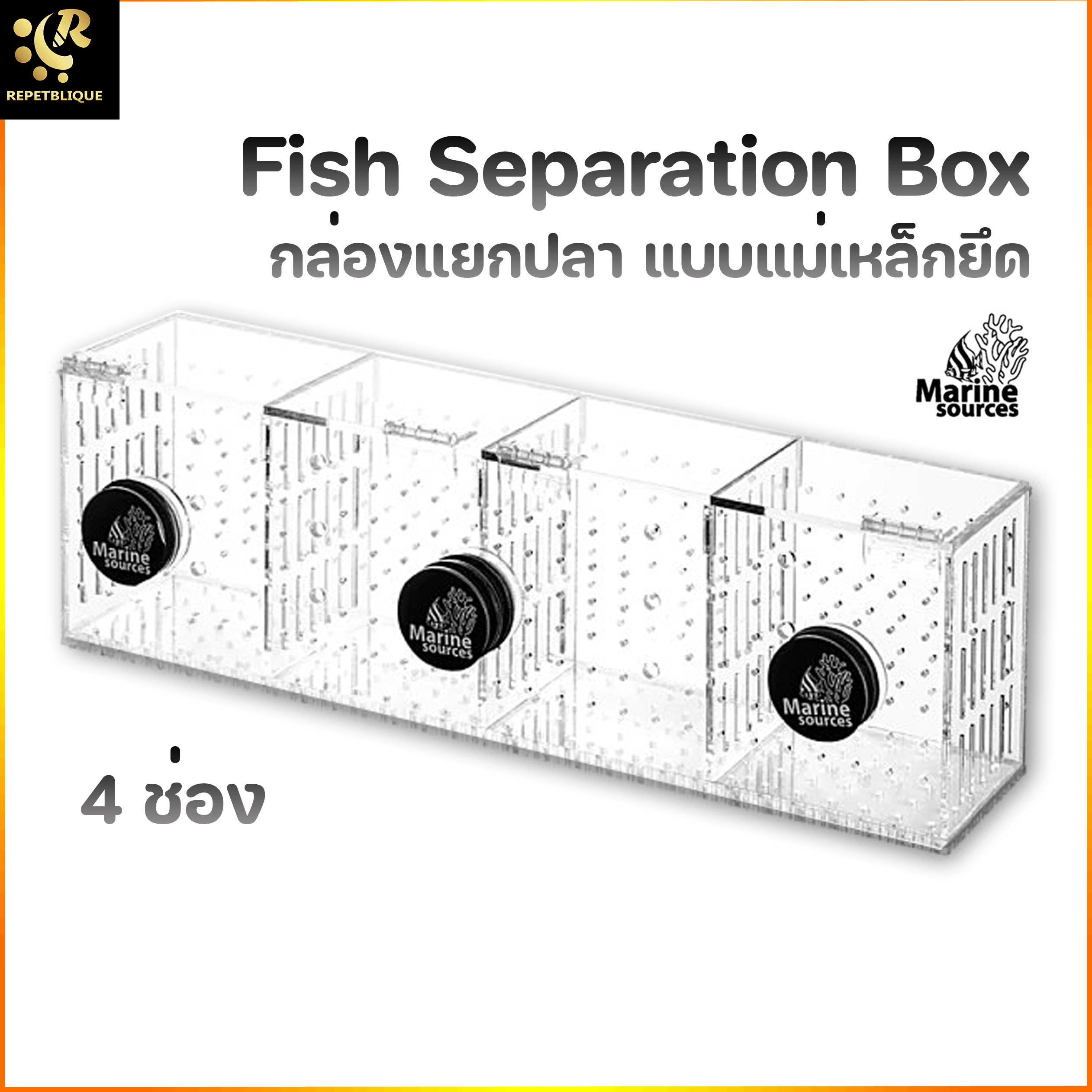 Marine Source กล่องแยกปลา แม่เหล็กยึดกระจก 4 ช่อง Fish Separation Box Magnet กล่องพักปลา กล่องอนุบาลปลา ปลาป่วย ปลาท้อง FSB-M-4A