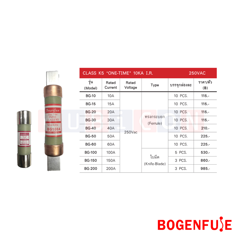 BOGENFUSE BG-50 50A 250V ฟิวส์กระบอก สำหรับใส่เซฟตี้สวิตช์ (CYLINDER FUSE) CLASS K5 (ONE-TIME)