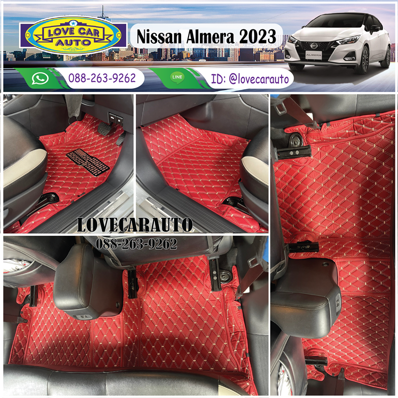 พรมปูพื้นรถยนต์ 6D Nissan Almera 2023 VVIP ด้ายคู่ สีแดงไวน์