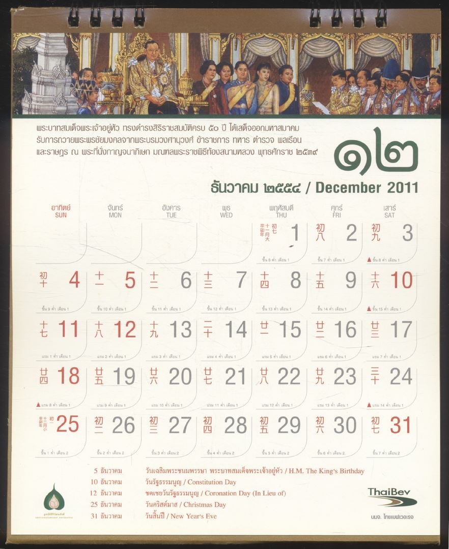 ปฎิทินตั้งโต๊ะ จิตรกรรมฝาผนังพระพุทธรัตนสถาน จิตรกรรมฝาผนังแห่งรัชกาลที่ ๙ พ.ศ 2554 ของ ThaiBev