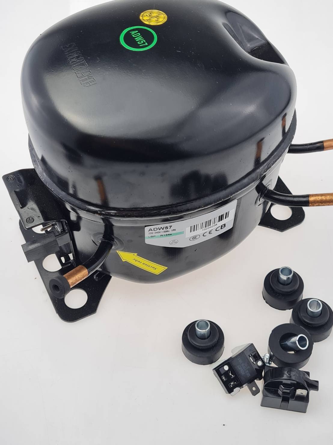 ADW57 คอมเพรสเชอร์ 1/5 แรงม้า R134a LBP สำหรับตู้แช่ ตู้เย็น Compressor ของใหม่ พร้อมอุปกรณ์ ดีเลย์ โอเวอร์โหลด