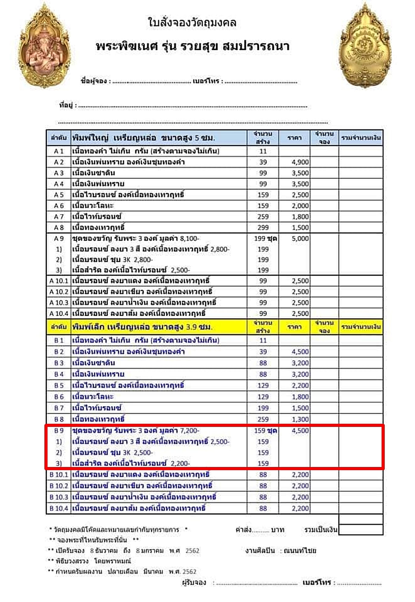 พระพิฆเนศ เทพแห่งความสำเร็จ รุ่น รวยสุข สมปรารถนา (ชุดของขวัญ 3 องค์ พิมพ์เล็ก ขนาด 3.9 เซน) พ.ศ.2562 มาพร้อมใบรับรอง กล่องนอก กล่องใน อุปกรณ์ครบ