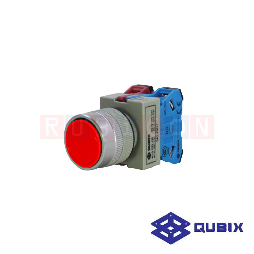 QUBIX SA2-FM01-R สวิตซ์กดหัวเรียบกดเด้งกลับ สีแดง (RED) CONTACT 1NC (CONTROL SWITCHES : Ø22/25MM.)