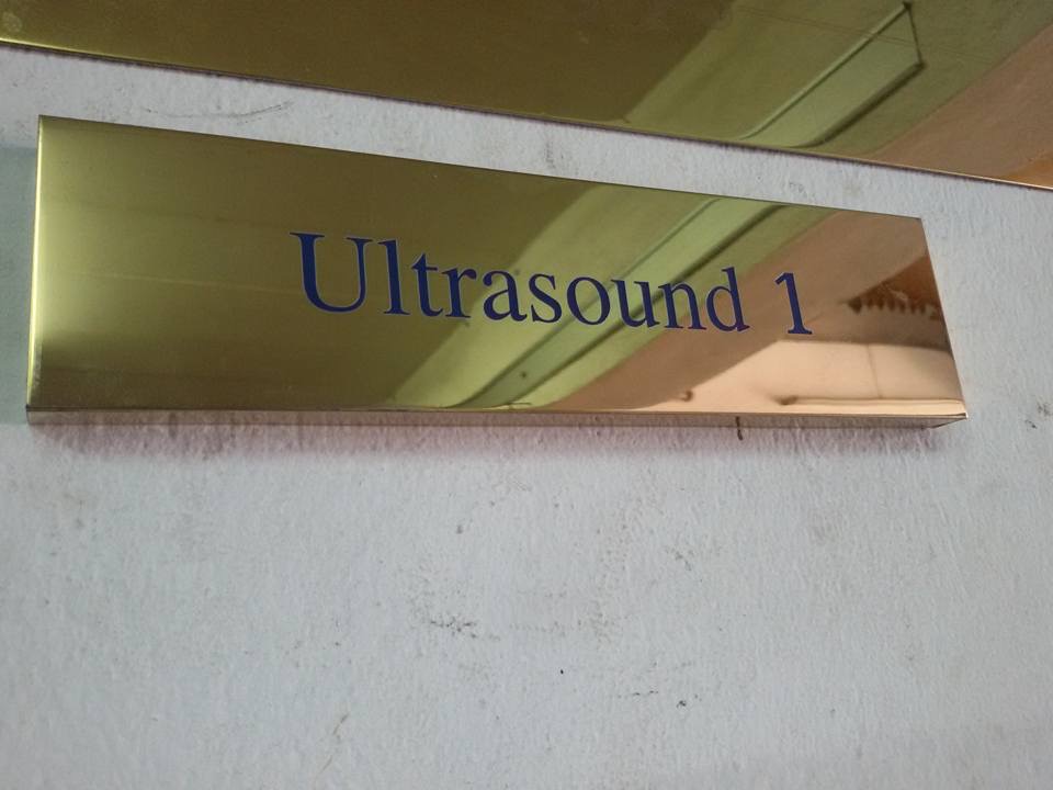 ป้ายสแตนเลสสีทองพับกล่อง งานUltrasound