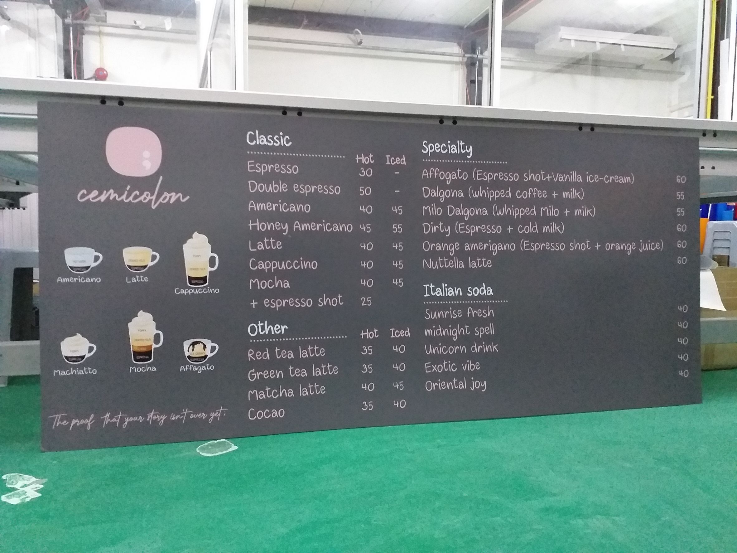 งานพิมพ์ป้ายเมนูร้านกาแฟลงบนแผ่นอะคริลิค งานป้ายร้านคาเฟ่ Cemicolon
