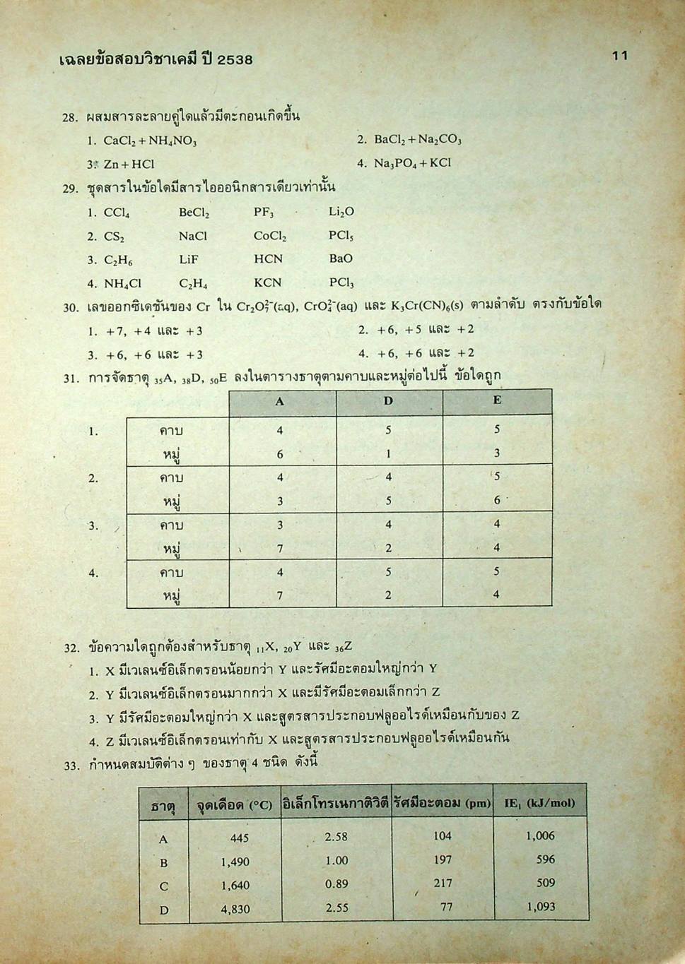เฉลยข้อสอบคัดเลือกเข้ามหาวิทยาลัย ปี พ.ศ.2532-2538 ENTRANCE เคมี