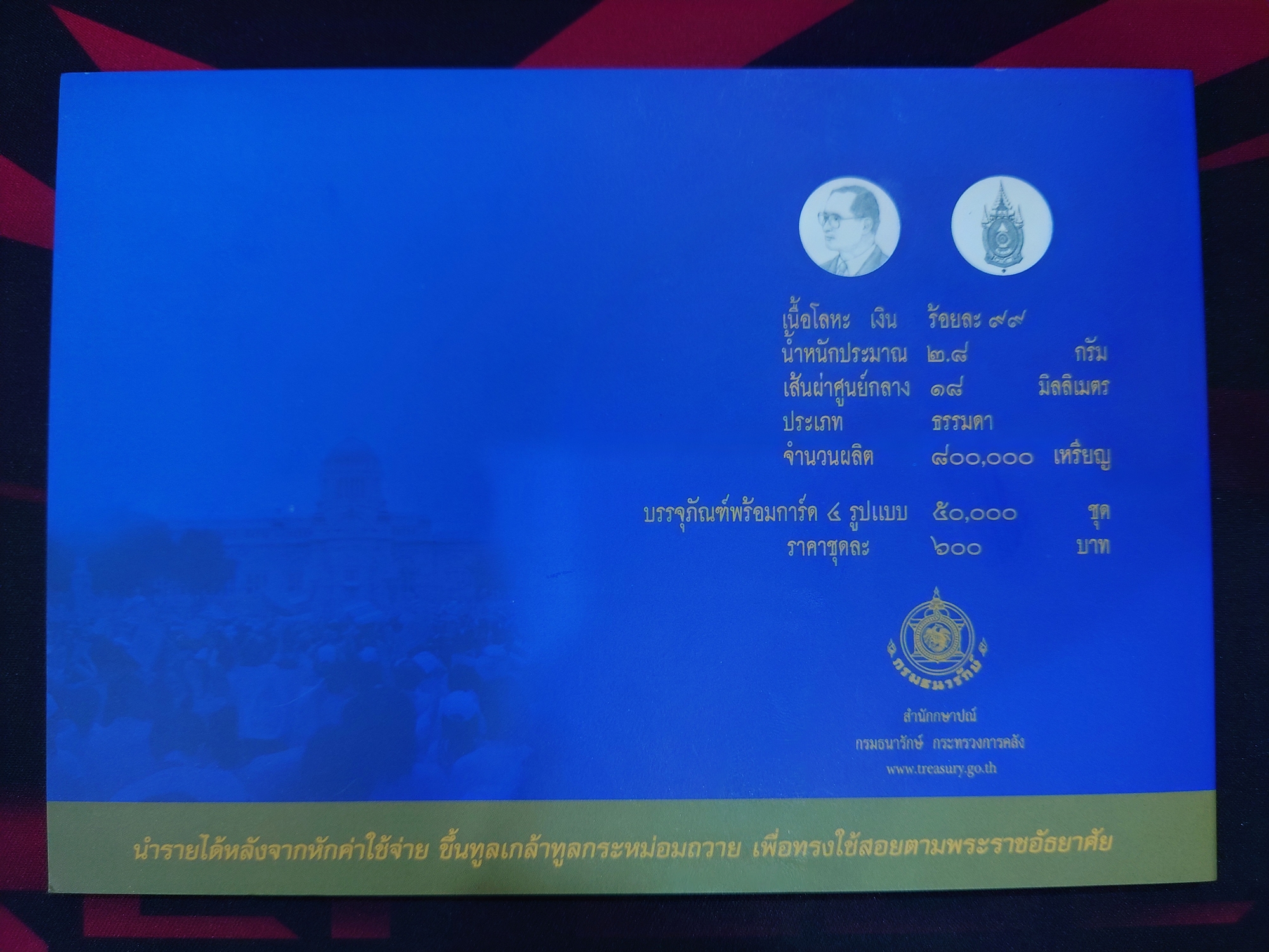 การ์ดบรรจุเหรียญที่ระลึก พระราชพิธีมหามงคลเฉลิมพระชนมพรรษา 80 พรรษา รัชกาลที่9 เนื้อเงิน ชุด 4 เหรียญ ปี2550 ธนารักษ์จัดสร้าง พร้อมแผง