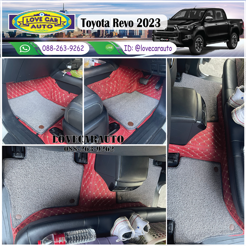 พรมปูพื้นรถยนต์ 7D Toyota Revo 4 Door vvip ด้ายคู่สีแดงไวน์ +ไวนิลเทา